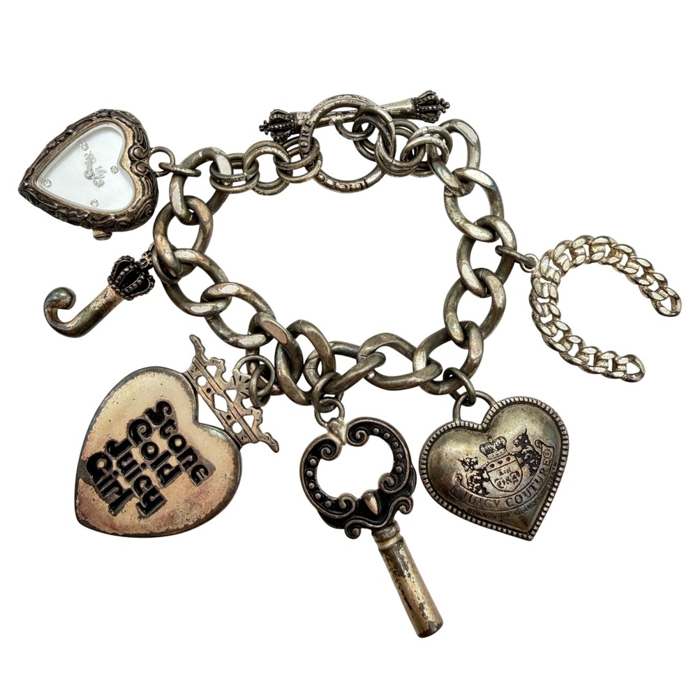 VTG Juicy Couture Charm Bracelet Silver Tone Y2K Toggle Clasp heart watch 00s